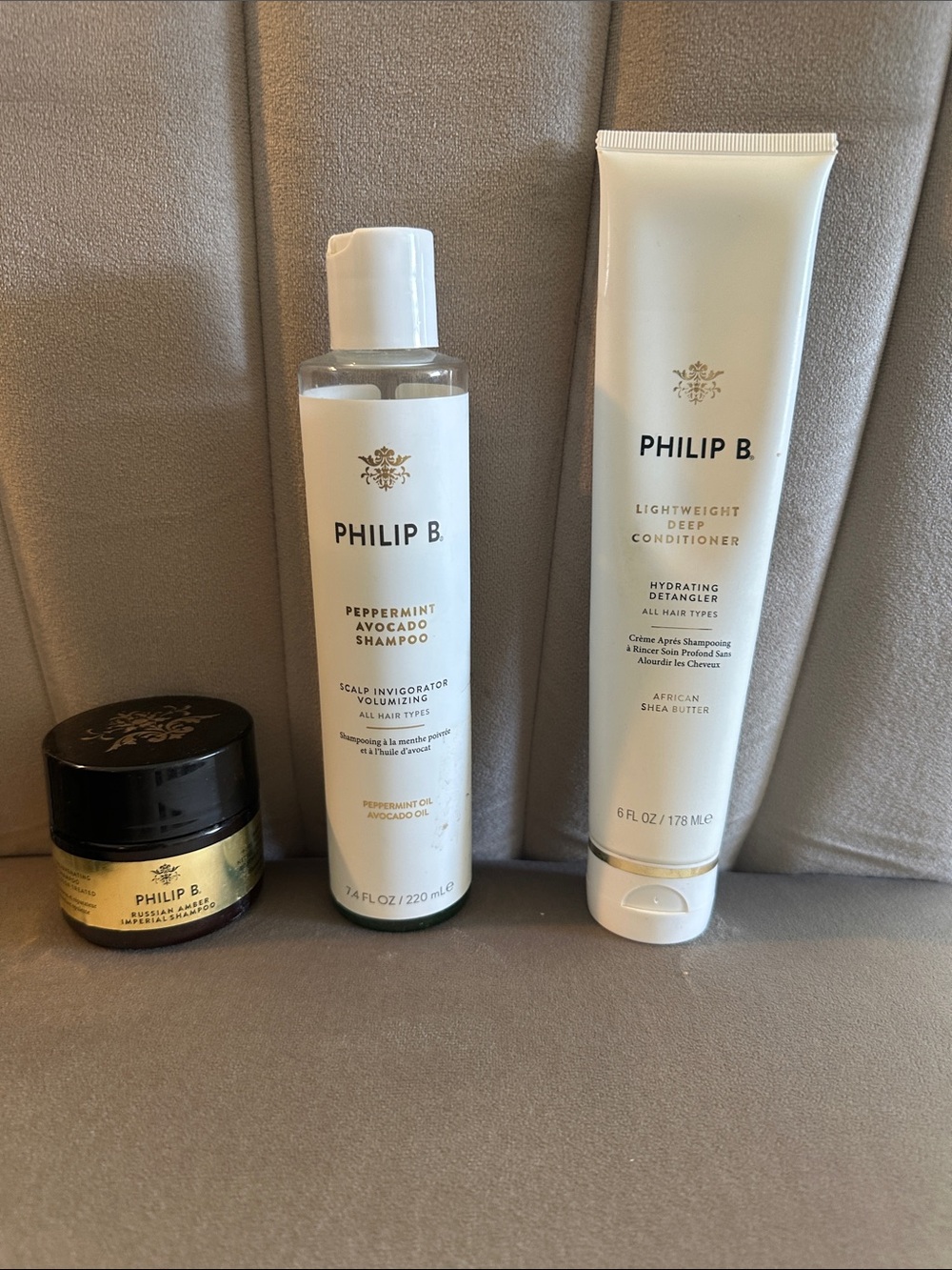 Philip B lot russian amber, peppermint avocado shampoo, lightweight conditioner